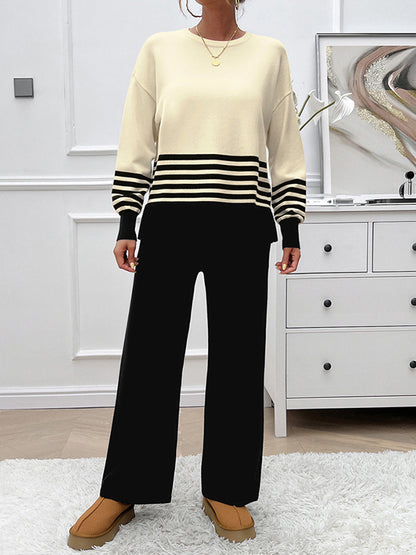 Long Sleeves Loose Contrast Color Split-Side Striped Round-Neck Sweater Top + Pants Bottom Two Pieces Set