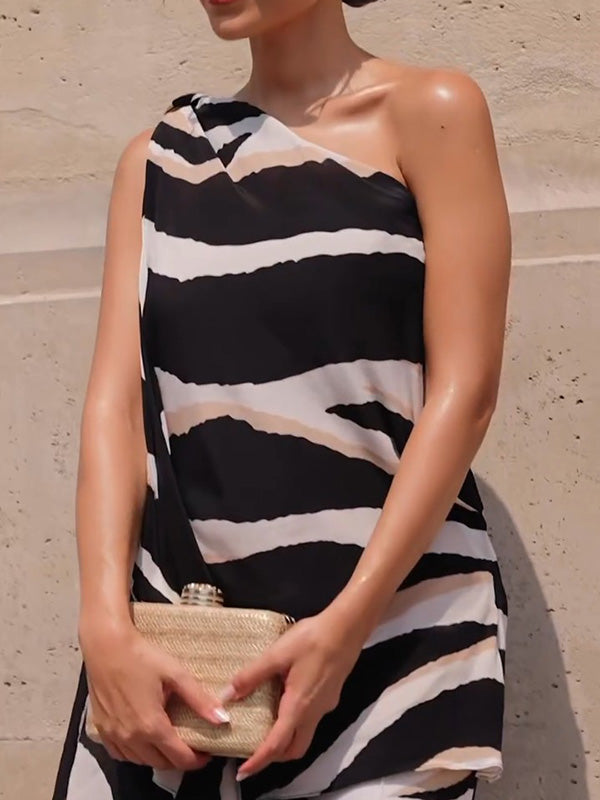 Loose Sleeveless Asymmetric Zebra-Stripe One-Shoulder Vest Top