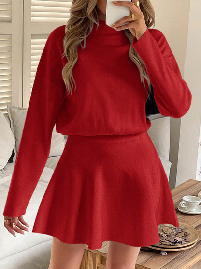 A-line High Waisted Elasticity Solid Color Round-neck Mini Dresses Sweater Dresses