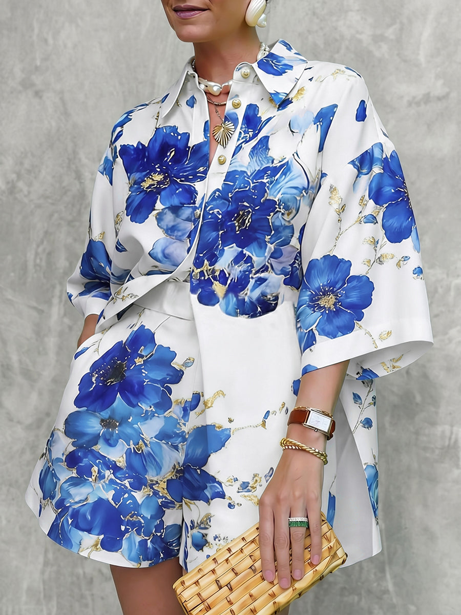 Loose Short Sleeves Buttoned Flower Print Lapel Blouses&Shirts Tops