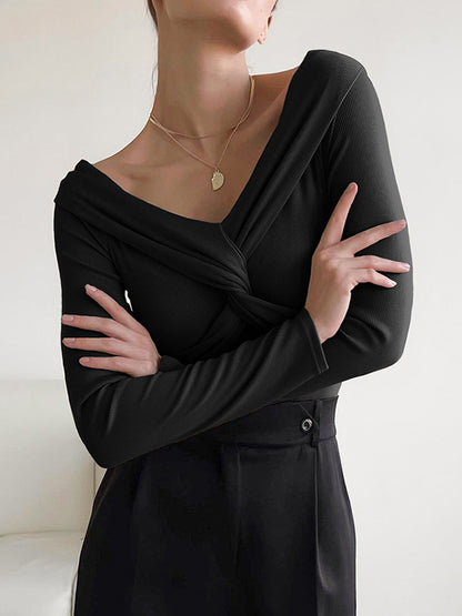 Long Sleeves Skinny Keep Warm Knot Solid Color V-Neck T-Shirts Tops