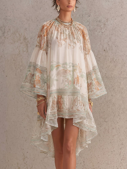 Flared Sleeves High-Low Flower Print Pleated Mock Neck Mini Dresses