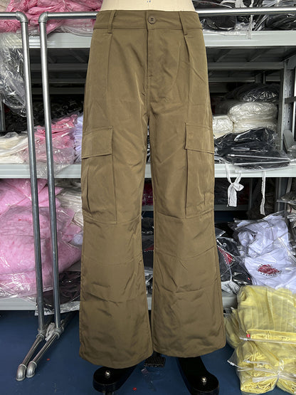 Loose Wide Leg Buttoned Pockets Solid Color Split-Joint Pants Trousers