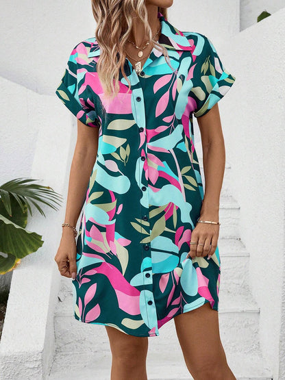 Short Sleeves Buttoned Contrast Color Printed Lapel Mini Dresses Shirt Dress