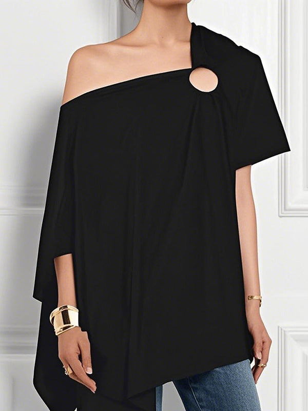 Loose Short Sleeves Asymmetric Hollow Solid Color One-Shoulder Blouses&Shirts Tops
