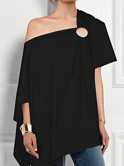 Loose Short Sleeves Asymmetric Hollow Solid Color One-Shoulder Blouses&Shirts Tops