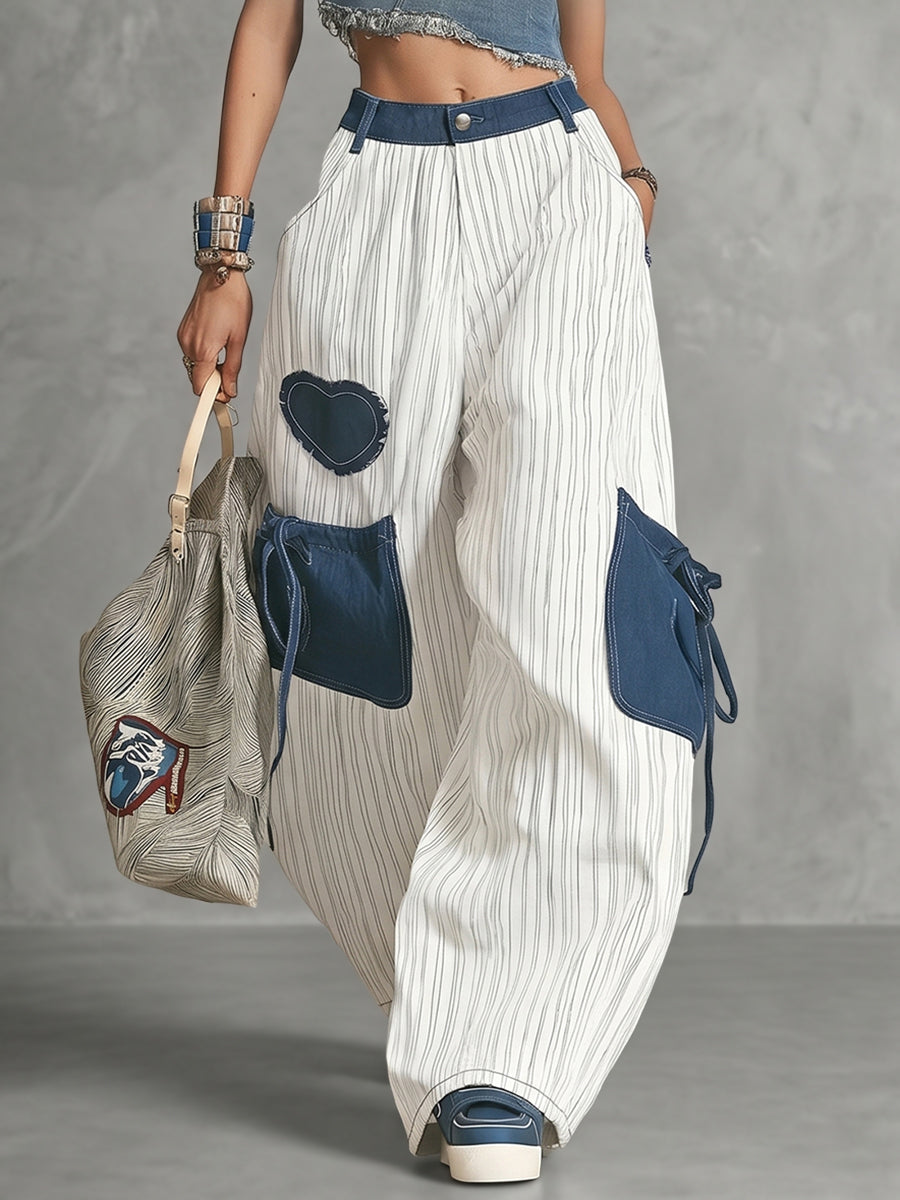 High Waisted Loose Buttoned Contrast Color Pockets Split-Joint Striped Tied Pants Trousers
