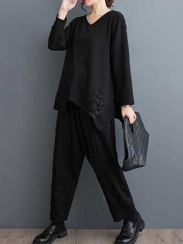 Long Sleeves Asymmetric Solid Color Split-Joint V-Neck T-Shirts Top + Harem Pants Elasticity Pants Bottom Two Pieces Set