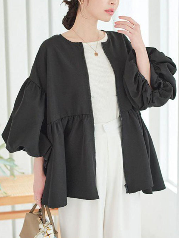 Long Sleeves Loose Elasticity Pleated Solid Color Split-Joint Zipper Round-Neck Outerwear