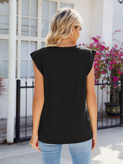 Cap Sleeve Solid Color V-neck T-Shirts Tops