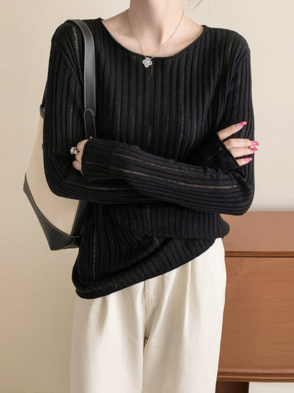 Long Sleeves Loose Solid Color Round-Neck Knitwear Sweater Tops
