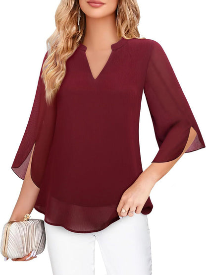 Half Sleeves Loose Solid Color V-Neck Blouses&Shirts Tops