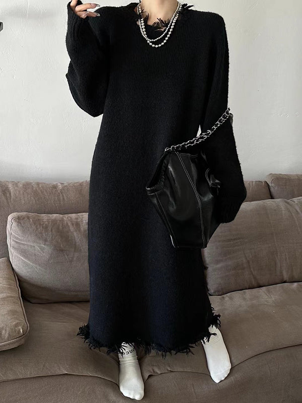 High Waisted Long Sleeves Fringed Solid Color Round-Neck Midi Dresses Sweater Dresses