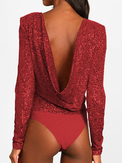 Long Sleeves Skinny Backless Sequined Split-Joint Round-Neck Bodysuits