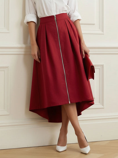 A-Line High-Low Pleated Pockets Solid Color Zipper Skirts Bottoms