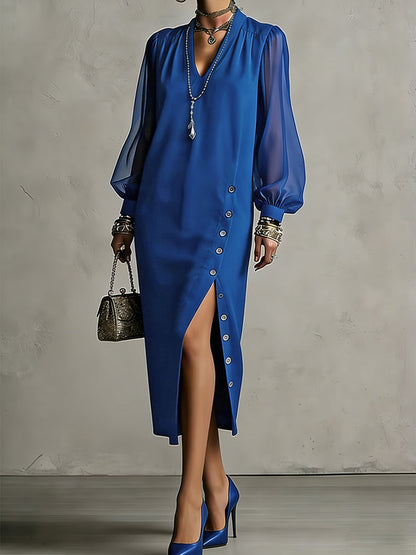 Long Sleeves Puff Sleeves Buttoned Pleated Pockets Solid Color Split-Side V-Neck Midi Dresses
