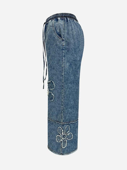 High Waisted Loose Drawstring Elasticity Flower Shape Fringed Solid Color Jean Pants Bottoms