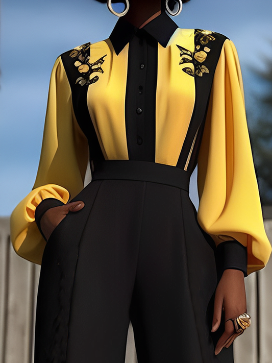 Long Sleeves Loose Buttoned Contrast Color Flower Print Split-Joint Lapel Blouses&Shirts Tops