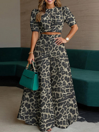High Waisted Loose Buttoned Leopard Round-Neck Blouses Top + Pants Bottom Two Pieces Set