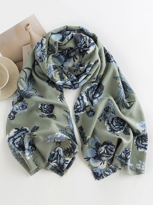 Flower Print Keep Warm Tasseled Shawl&Scarf
