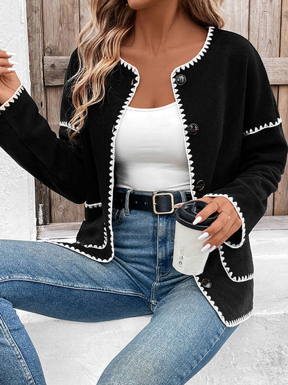 Long Sleeves Loose Buttoned Contrast Color Pockets Split-Joint Round-Neck Cardigan Tops