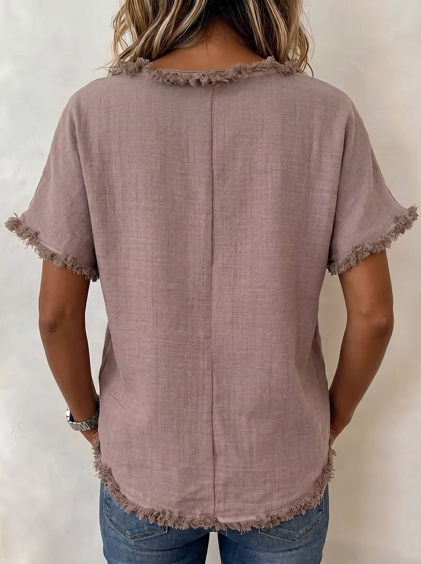 Loose Short Sleeves Fringed Solid Color Split-Joint Round-Neck T-Shirts Tops