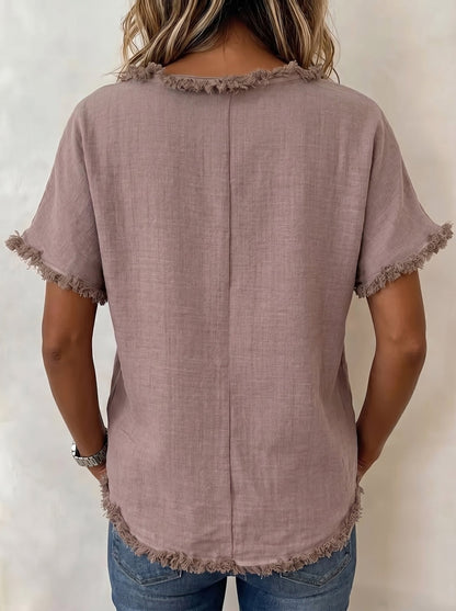 Loose Short Sleeves Fringed Solid Color Split-Joint Round-Neck T-Shirts Tops