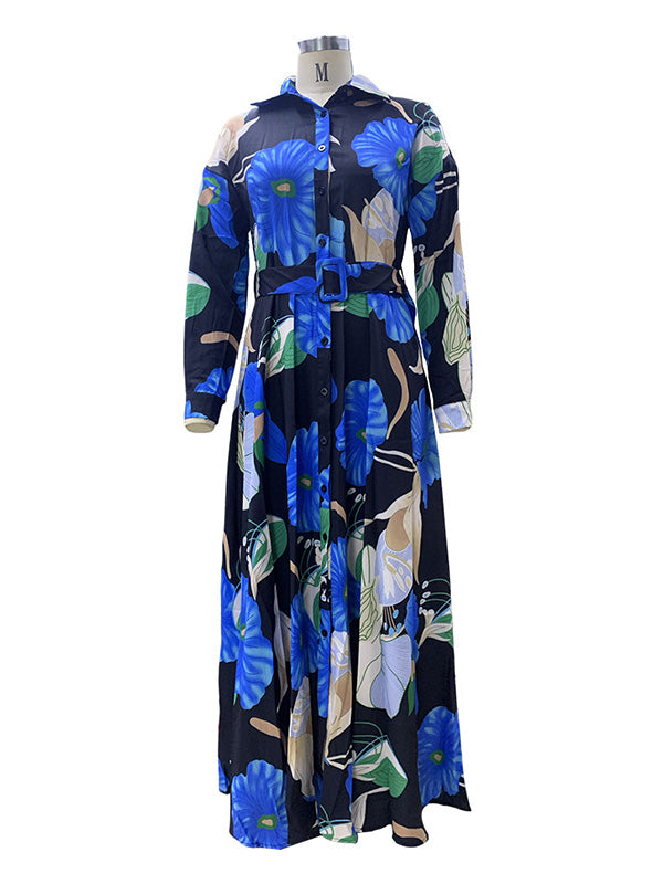 A-Line High Waisted Belted Buttoned Flower Print Lapel Maxi Dresses