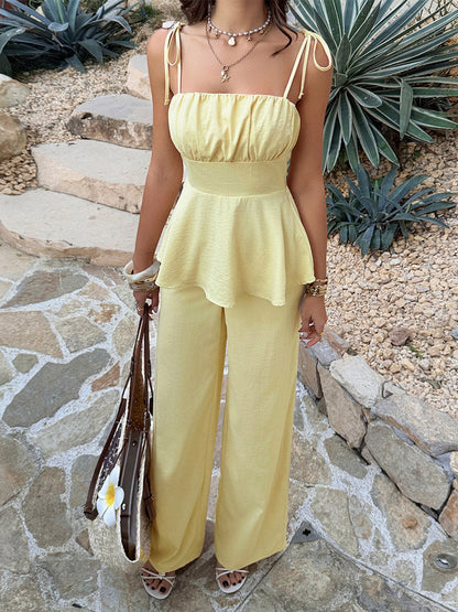Loose Sleeveless Pleated Solid Color Spaghetti-Neck Vest  Top + Pants Bottom Suits