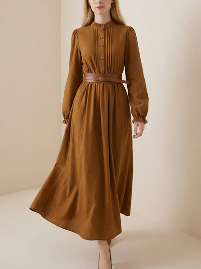A-Line Elasticated Waist Belted Buttoned Contrast Color Pleated Split-Joint Stand Collar Maxi Dresses Shirt Dress