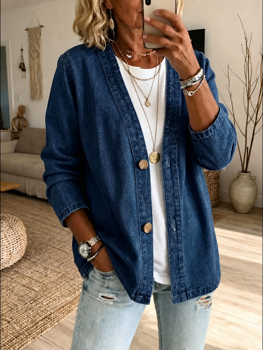 Long Sleeves Plus Size Buttoned Solid Color Collarless Denim Outerwear