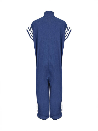 Ankle-Tied Loose Contrast Color Pockets Split-Joint Striped Zipper Stand Collar Jumpsuits