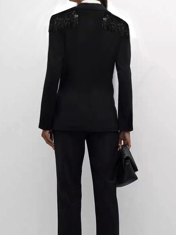 Long Sleeves Loose Applique Pockets Solid Color Deep V-Neck Blazer Outerwear
