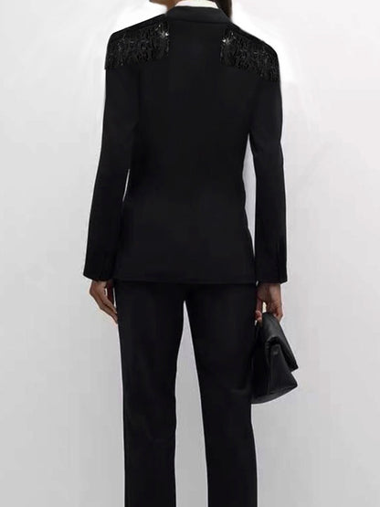 Long Sleeves Loose Applique Pockets Solid Color Deep V-Neck Blazer Outerwear