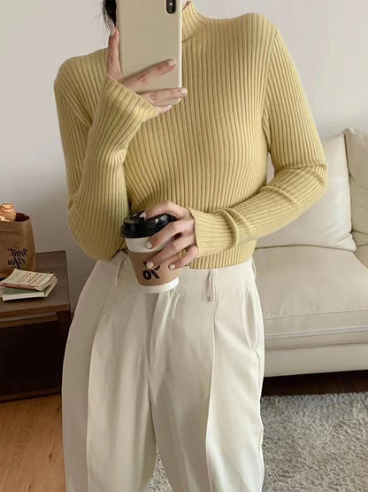 Long Sleeves Skinny Solid Color High-Neck Knitwear Pullovers Sweater Tops