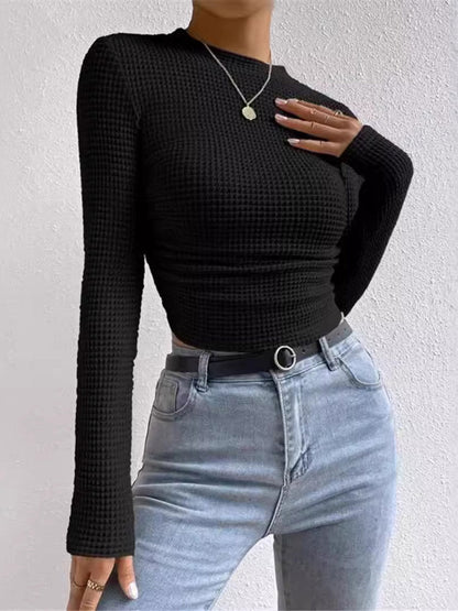 Long Sleeves Skinny Pleated Solid Color Split-Joint Textured Waffle Check Round-Neck T-Shirts Tops