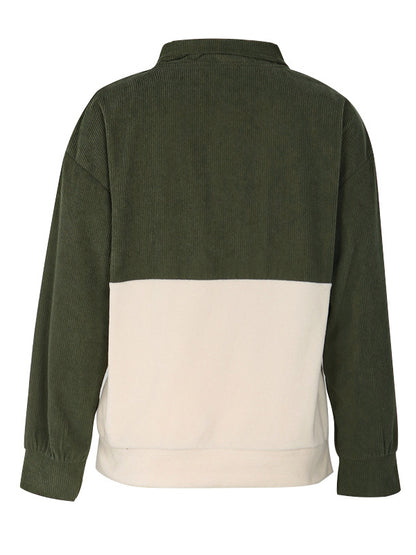 Long Sleeves Loose Buttoned Contrast Color Split-Joint Stand Collar Sweatshirt Tops
