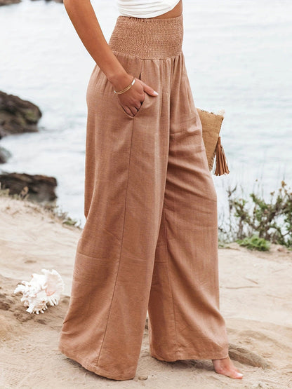 Elasticated Waist High Waisted Pleated Pockets Solid Color Split-Joint Pants