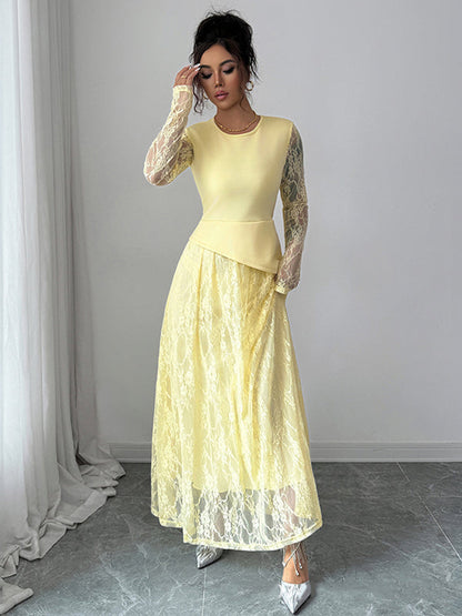 A-Line Irregularity Asymmetric Flower Print Layered See-Through Solid Color Split-Joint Round-Neck Maxi Dresses
