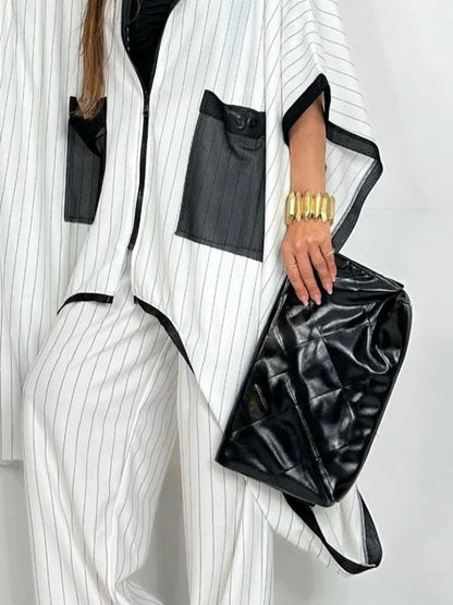 Half Sleeves Loose Pockets Striped Zipper Lapel Blouses&Shirts Tops Outerwear