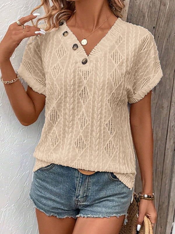 Loose Short Sleeves Buttoned Solid Color V-Neck T-Shirts Tops