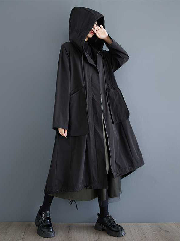 Hooded Long Sleeves Drawstring Pockets Solid Color Split-Joint Zipper Outerwear Trench Coats