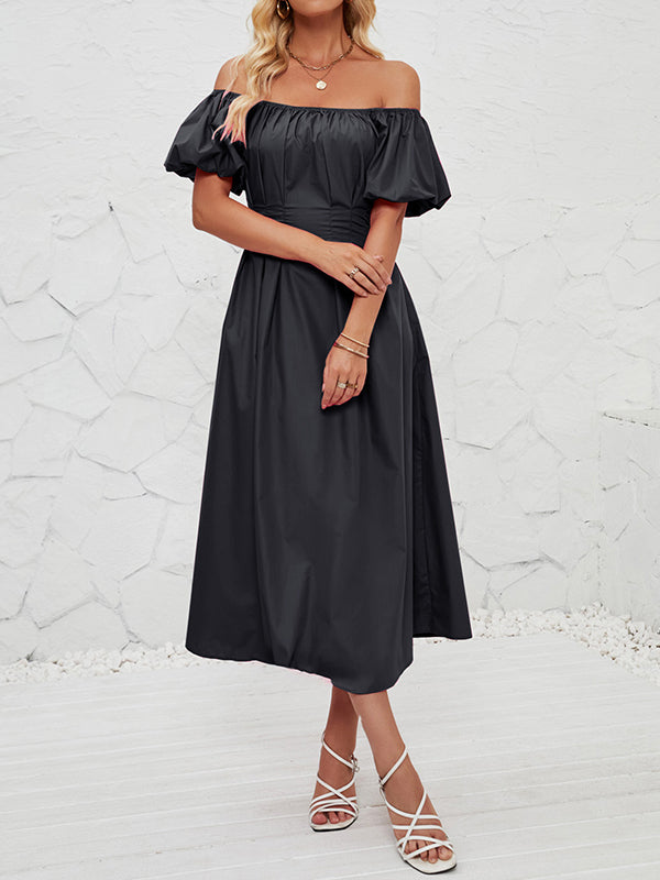 Loose Puff Sleeves Elasticity Pleated Solid Color Split-Joint Off-The-Shoulder Midi Dresses