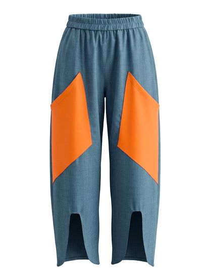 High Waisted Loose Contrast Color Elasticity Pockets Split-Joint Ninth Pants Trousers
