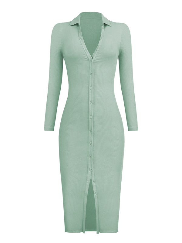 High Waisted Long Sleeves Buttoned Solid Color Lapel Midi Dresses