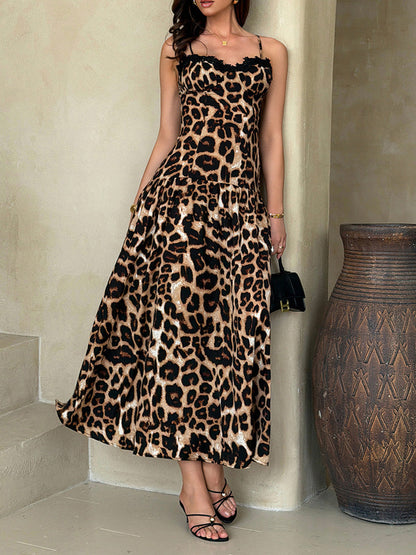 A-Line High Waisted Contrast Color Leopard Pleated Split-Joint Spaghetti-Neck Midi Dresses
