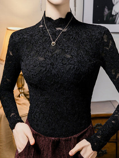 Long Sleeves Plus Size Crochet Hollow Solid Color Mock Neck T-Shirts Tops