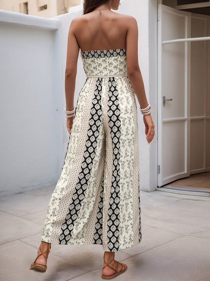 High Waisted Sleeveless Backless Contrast Color Pleated Printed Split-Joint Tied Twist Tube Jumpsuits