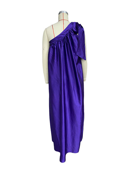 A-Line Loose Asymmetric Pleated Solid Color Tied One-Shoulder Maxi Dresses
