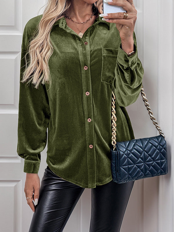 Long Sleeves Loose Buttoned Pockets Solid Color Split-Joint Velvet Lapel Blouses&Shirts Tops